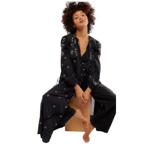 Free People Chasin Spring Maxi Bodysuit Black Dress Button Floral Embroidered S - Picture 1 of 16